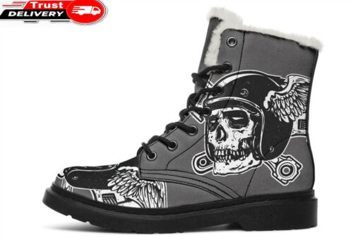wings and skull faux fur leather boots 1