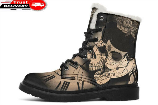 woman and skull faux fur leather boots